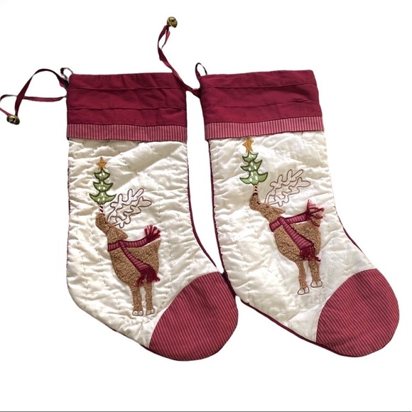 Reindeer Quilted & Embroidered Christmas Jingle Bells Stockings (2) - Picture 4 of 6